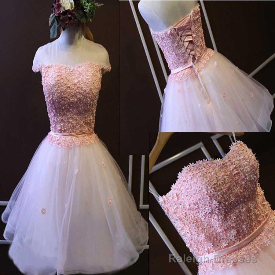 Pink  A-Line Strapless Sweetheart  Lace Beads Flower Appliques Lace Up Back Tulle Above Knee Length Homecoming Dress