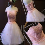 Pink A-Line Strapless Sweetheart Lace Beads Flower Appliques Lace Up Back Tulle Above Knee Length Homecoming Dresses