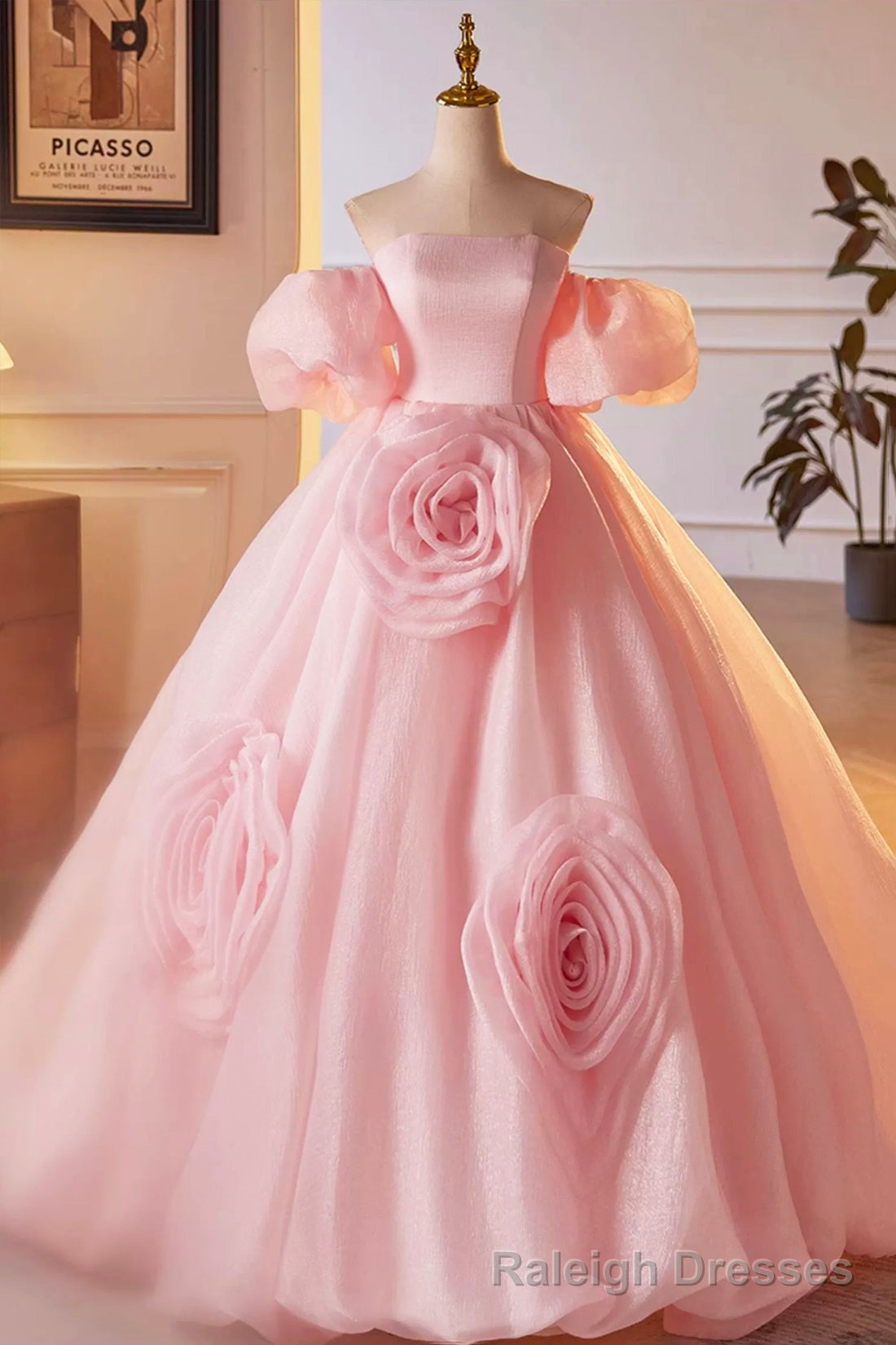 Pink A Line Sweetheart Ball Gowns Formal Dress with Flowers, Off the Shoulder Prom Prom Dress Secondary image
