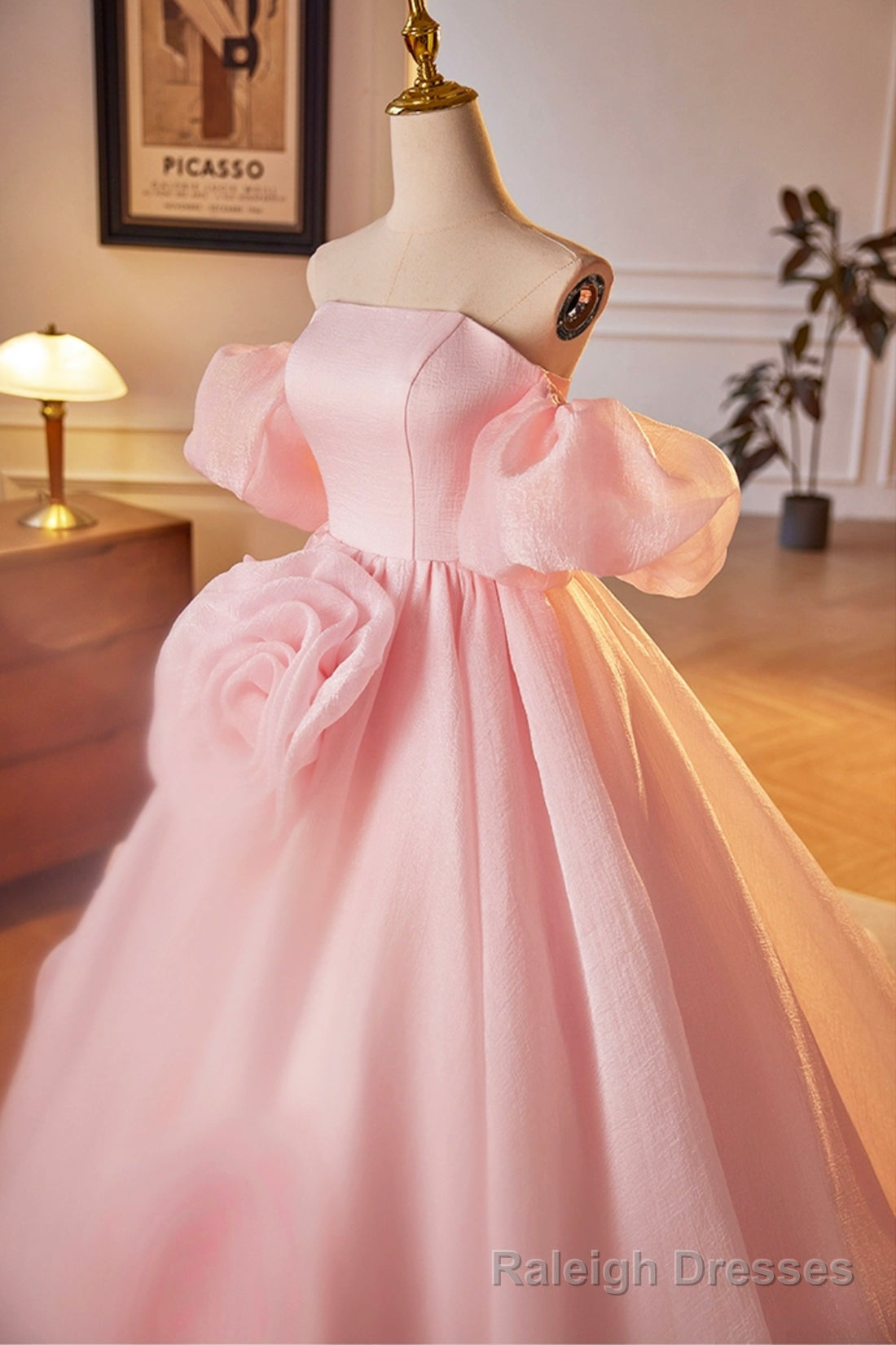 Pink A Line Sweetheart Ball Gowns Formal Dress with Flowers, Off the Shoulder Prom Prom Dress
