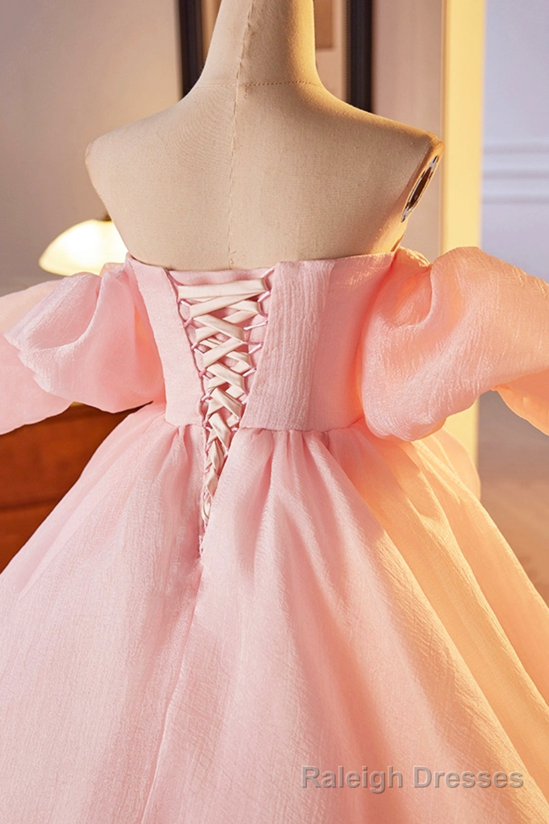 Pink A Line Sweetheart Ball Gowns Formal Dress with Flowers, Off the Shoulder Prom Prom Dress