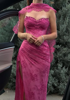 Pink A-Line Sweetheart Neck Beaded Lace Prom Dresses Prom Dresses With Slit