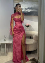 Pink A-Line Sweetheart Neck Beaded Lace Prom Dresses Prom Dresses With Slit