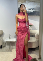 Pink A-Line Sweetheart Neck Beaded Lace Prom Dresses Prom Dresses With Slit