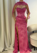 Pink A-Line Sweetheart Neck Beaded Lace Prom Dresses Prom Dresses With Slit