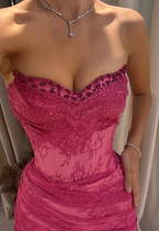 Pink A-Line Sweetheart Neck Beaded Lace Prom Dresses Prom Dresses With Slit
