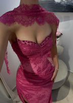 Pink A-Line Sweetheart Neck Beaded Lace Prom Dresses Prom Dresses With Slit