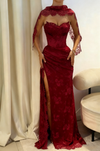 Pink A-Line Sweetheart Neck Beaded Lace Prom Dresses Prom Dresses With Slit
