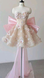 Pink A-Line Sweetheart Neck Floral Sequin Tulle Homecoming Dresses With Bow