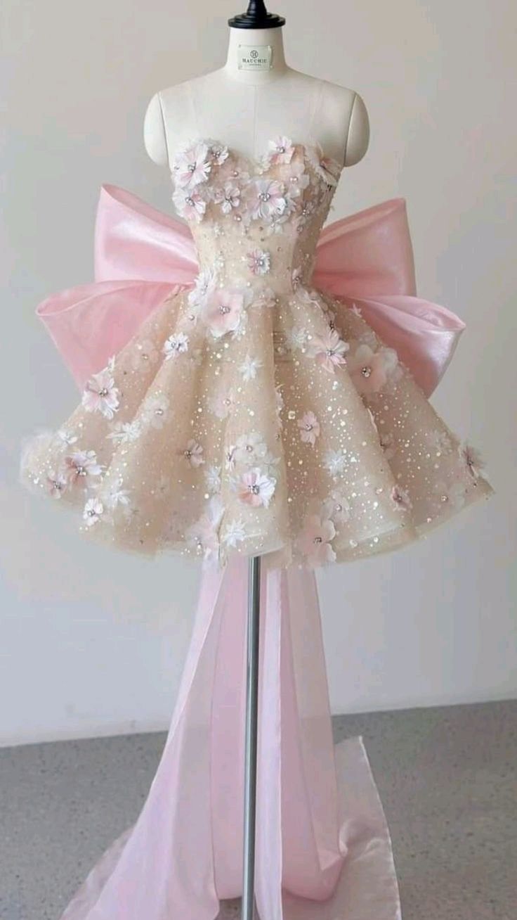 Pink A-Line Sweetheart Neck Floral Sequin Tulle Homecoming Dresses With Bow Main image