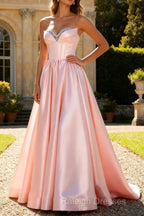 Pink A Line Sweetheart Satin Corset Long Prom Dress with Beading