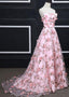 Pink A-Line Sweetheart Strapless Sweep Train Floral Print Long Lace Prom Dresses With Flowers