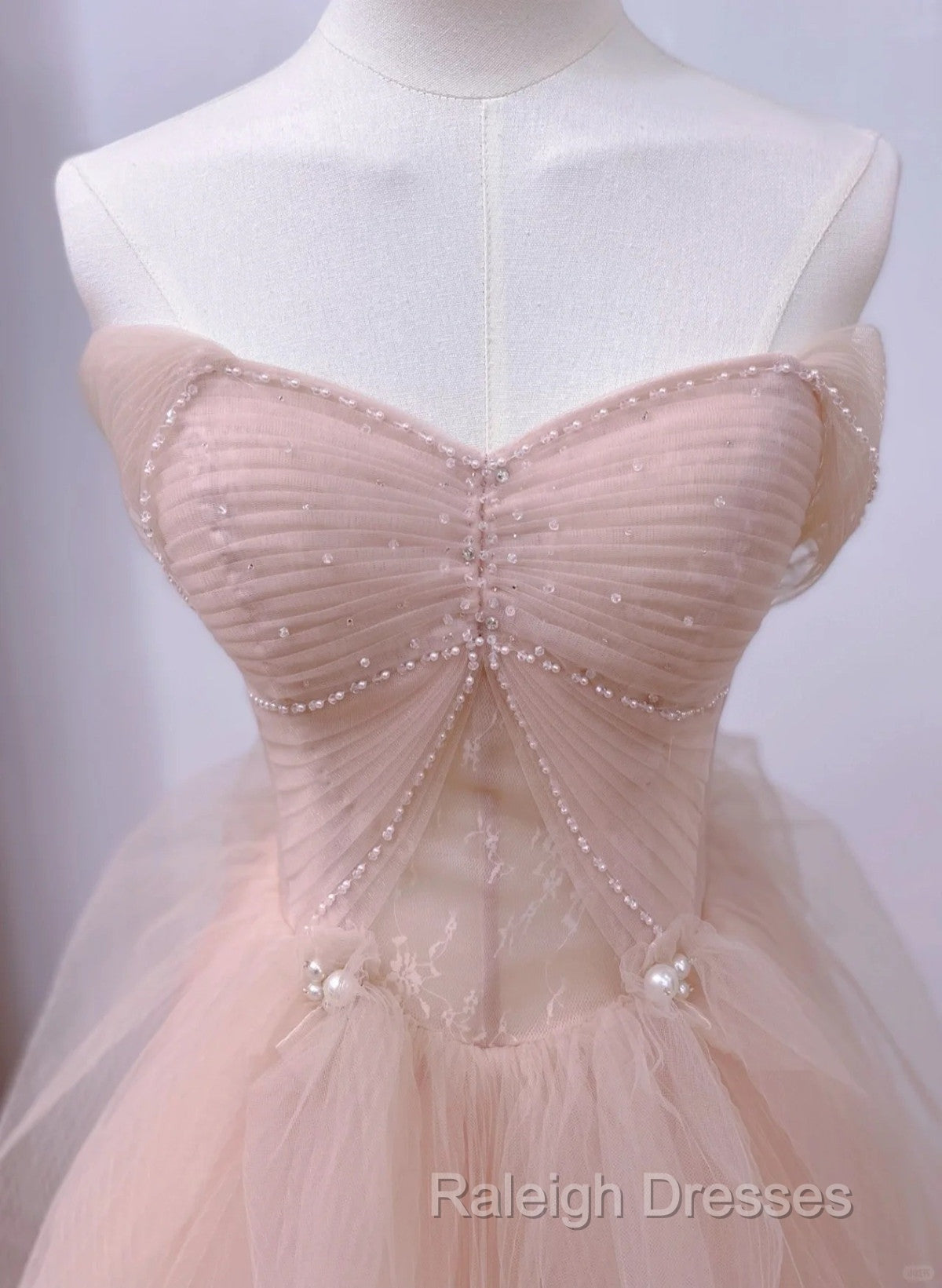 Pink A-Line Tulle Beaded Off Shoulder Long Party Dress, Pink Tulle Prom Dress Secondary image