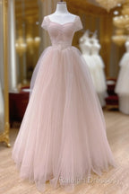 Pink A-Line Tulle Beaded Off Shoulder Long Party Dress, Pink Tulle Prom Dress