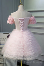Pink A Line Tulle Homecoming Dresses With Flower Appliques