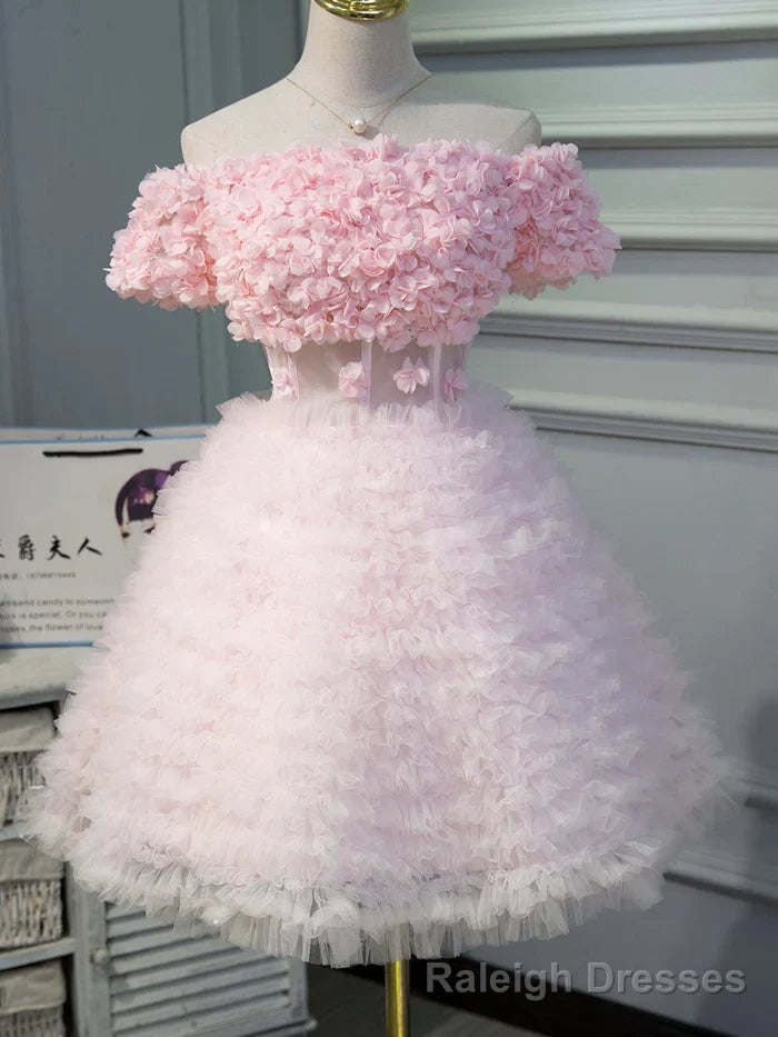 Pink A Line Tulle Homecoming Dresses With Flower Appliques Main image