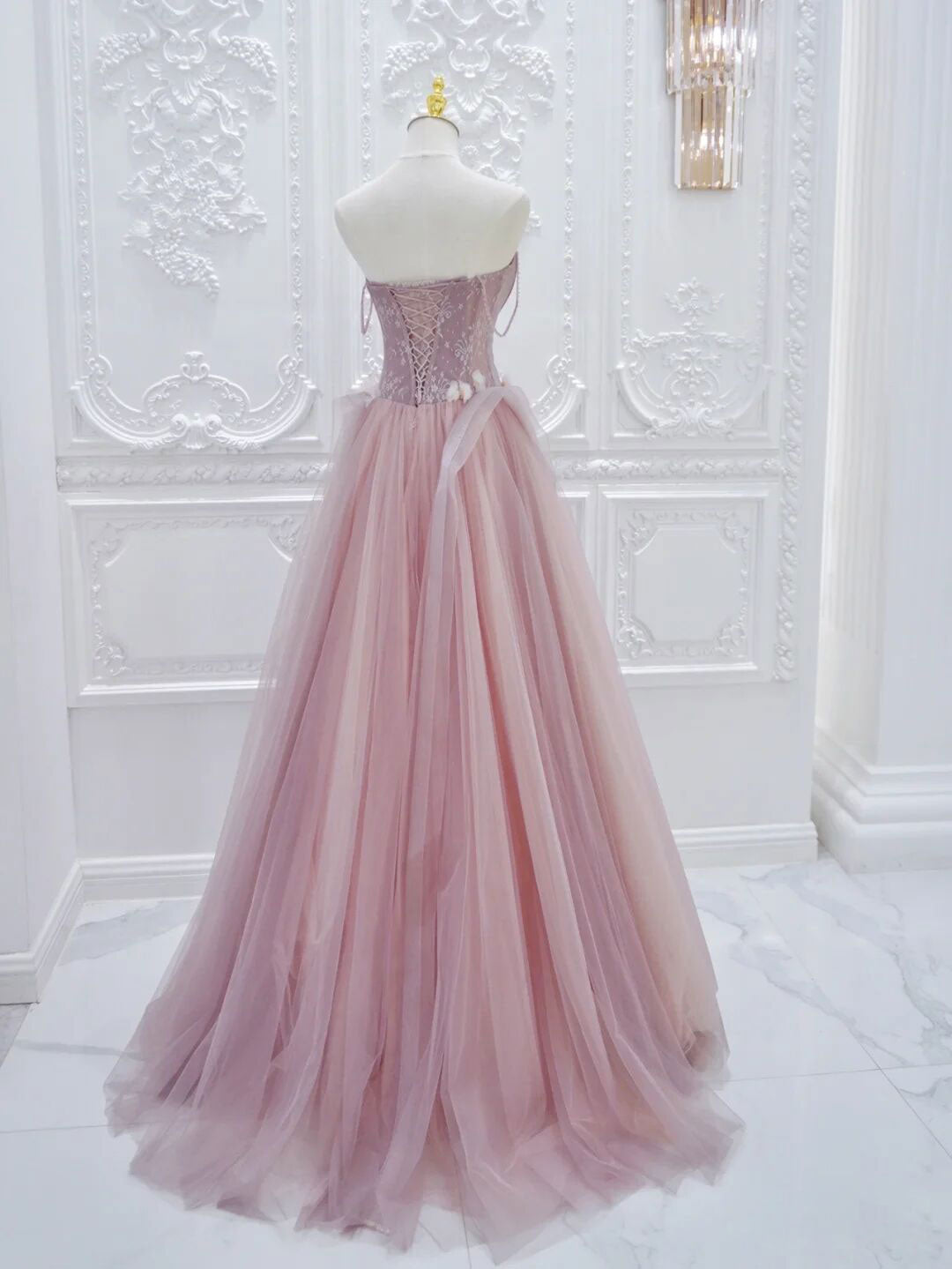 Pink A Line Tulle Lace Long Formal Prom Dress, Pink Tulle Formal Dress Secondary image