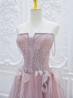 Pink A Line Tulle Lace Long Formal Prom Dress, Pink Tulle Formal Dress