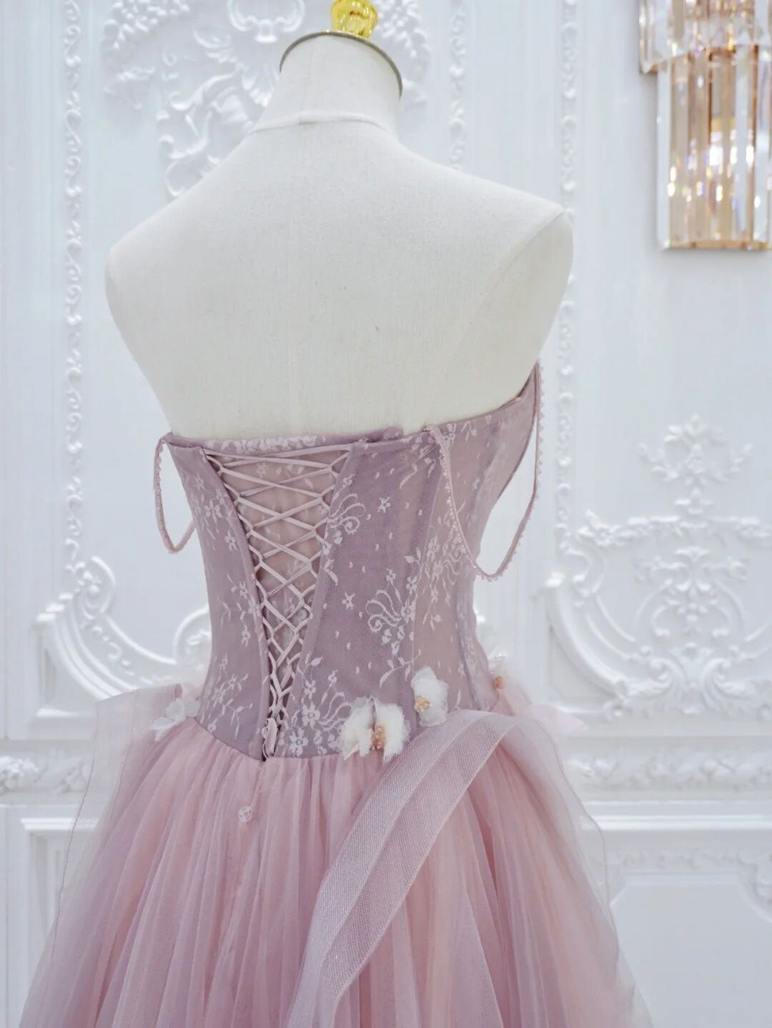 Pink A Line Tulle Lace Long Formal Prom Dress, Pink Tulle Formal Dress