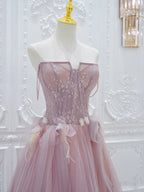Pink A Line Tulle Lace Long Formal Prom Dress, Pink Tulle Formal Dress