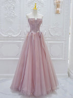 Pink A Line Tulle Lace Long Formal Prom Dress, Pink Tulle Formal Dress