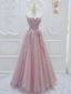 Pink A Line Tulle Lace Long Formal Prom Dress, Pink Tulle Formal Dress