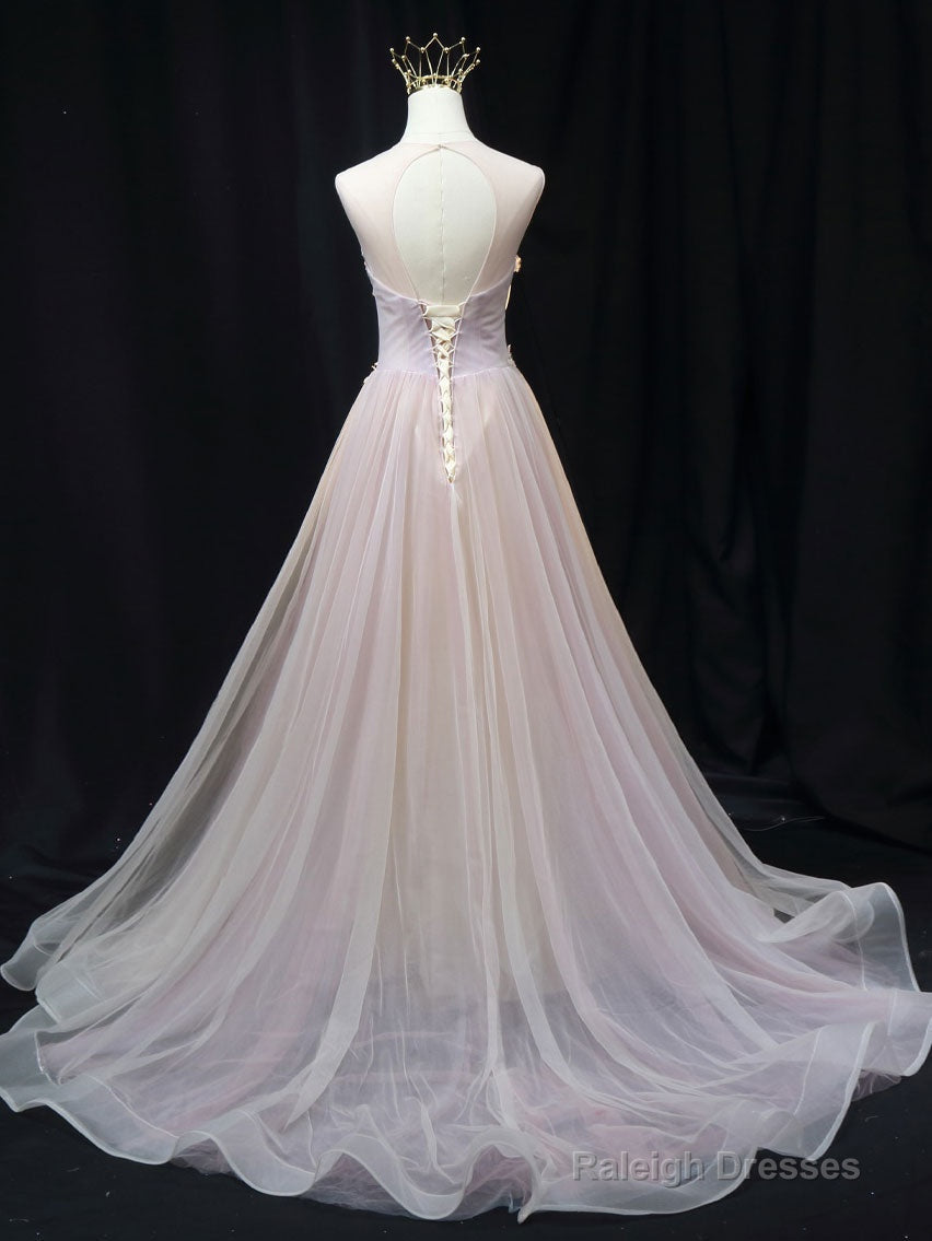 Pink A-Line Tulle Lace Prom Dresses Long Pink Tulle Long Prom Dresses