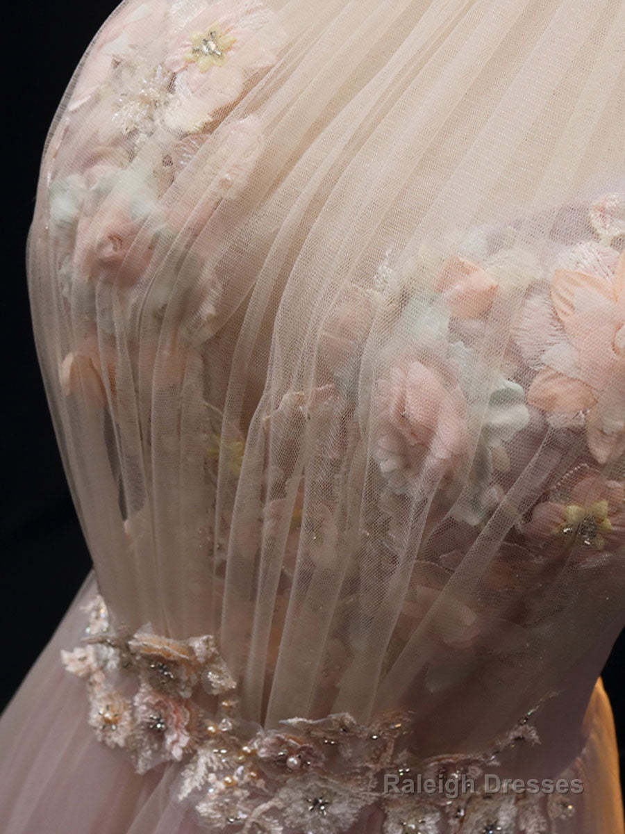 Pink A Line Tulle Lace Long Prom Dress Pink Tulle Long Evening Dress