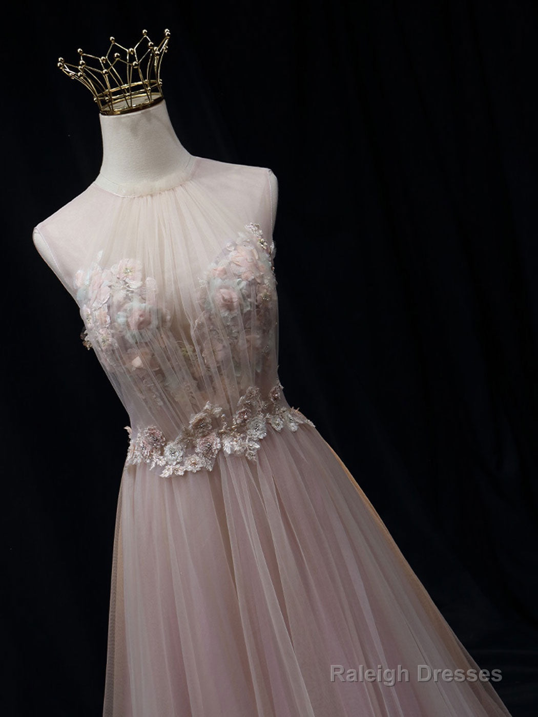 Pink A-Line Tulle Lace Prom Dresses Long Pink Tulle Long Prom Dresses