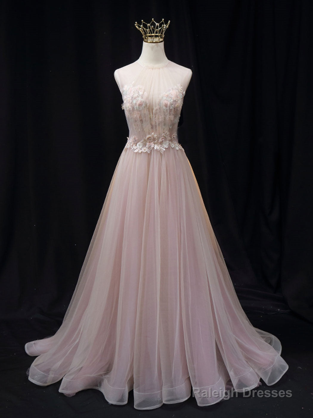 Pink A Line Tulle Lace Long Prom Dress Pink Tulle Long Evening Dress Main image