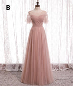 Pink Elegant A-Line Tulle Long Ball Gown Evening Gown Bridesmaid Dress