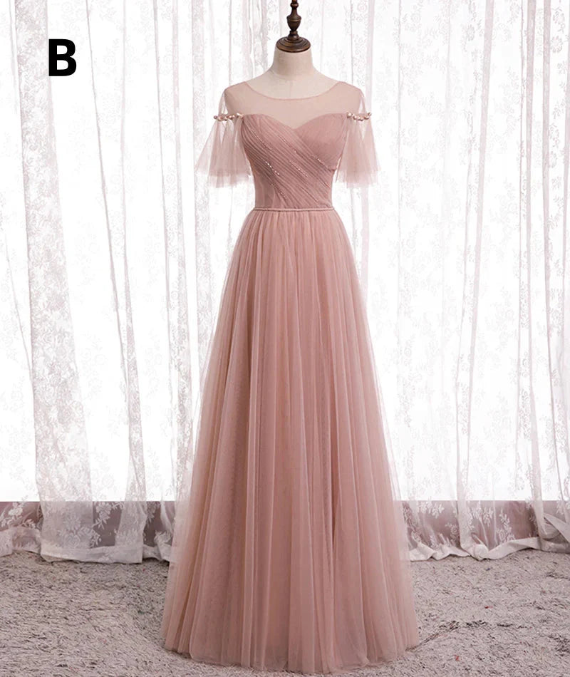 Pink Elegant A-Line Tulle Long Ball Gown Evening Gown Bridesmaid Dress