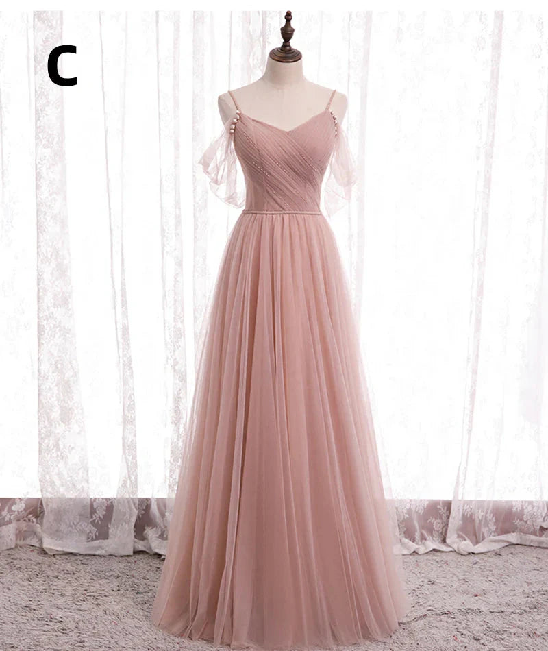 Pink Elegant A-Line Tulle Long Ball Gown Evening Gown Bridesmaid Dress