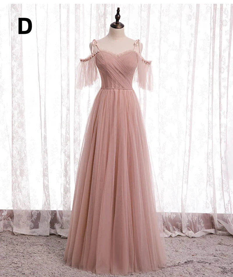 Pink Elegant A-Line Tulle Long Ball Gown Evening Gown Bridesmaid Dress