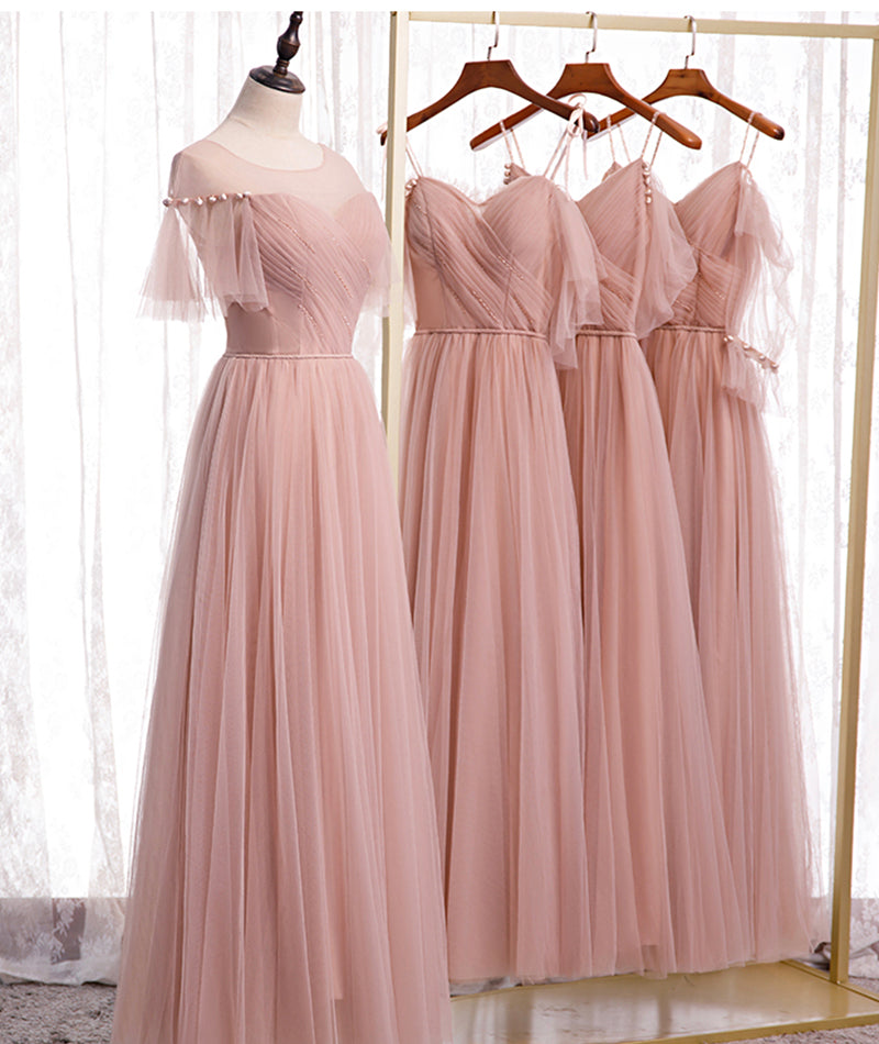 Pink Elegant A-Line Tulle Long Ball Gown Evening Gown Bridesmaid Dress