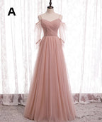 Pink Elegant A-Line Tulle Long Ball Gown Evening Gown Bridesmaid Dress