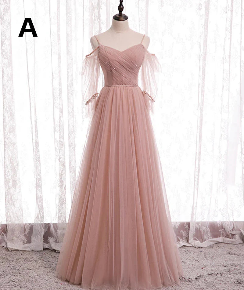 Pink Elegant A-Line Tulle Long Ball Gown Evening Gown Bridesmaid Dress Main image