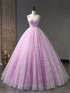 Pink A Line Tulle Long Prom Dress, Pink Formal Sweet 16 Dress