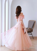 Pink A-Line Tulle Off Shoulder Beaded Prom Dresses Pink Tulle Prom Dresses