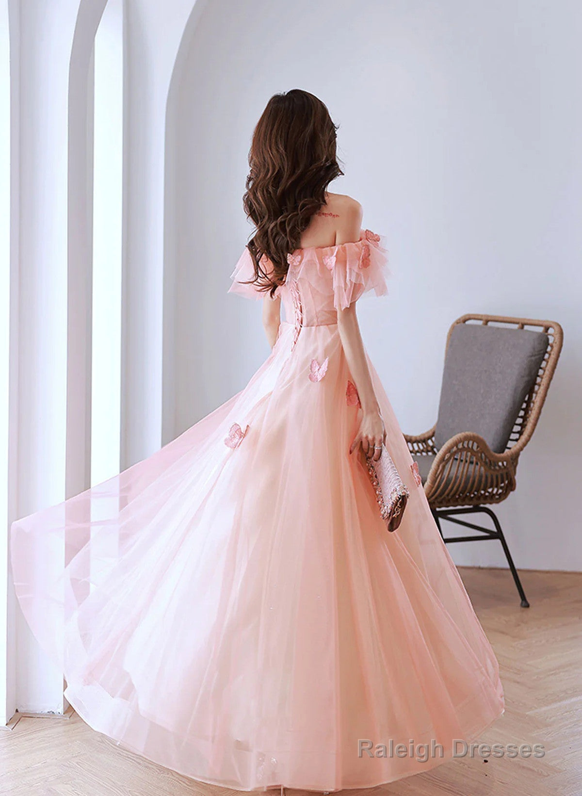 Pink A-Line Tulle Off Shoulder Beaded Prom Dresses Pink Tulle Prom Dresses