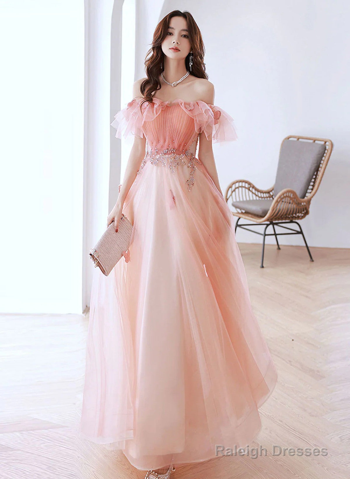 Pink A-Line Tulle Off Shoulder Beaded Prom Dress, Pink Tulle Evening Dress Main image