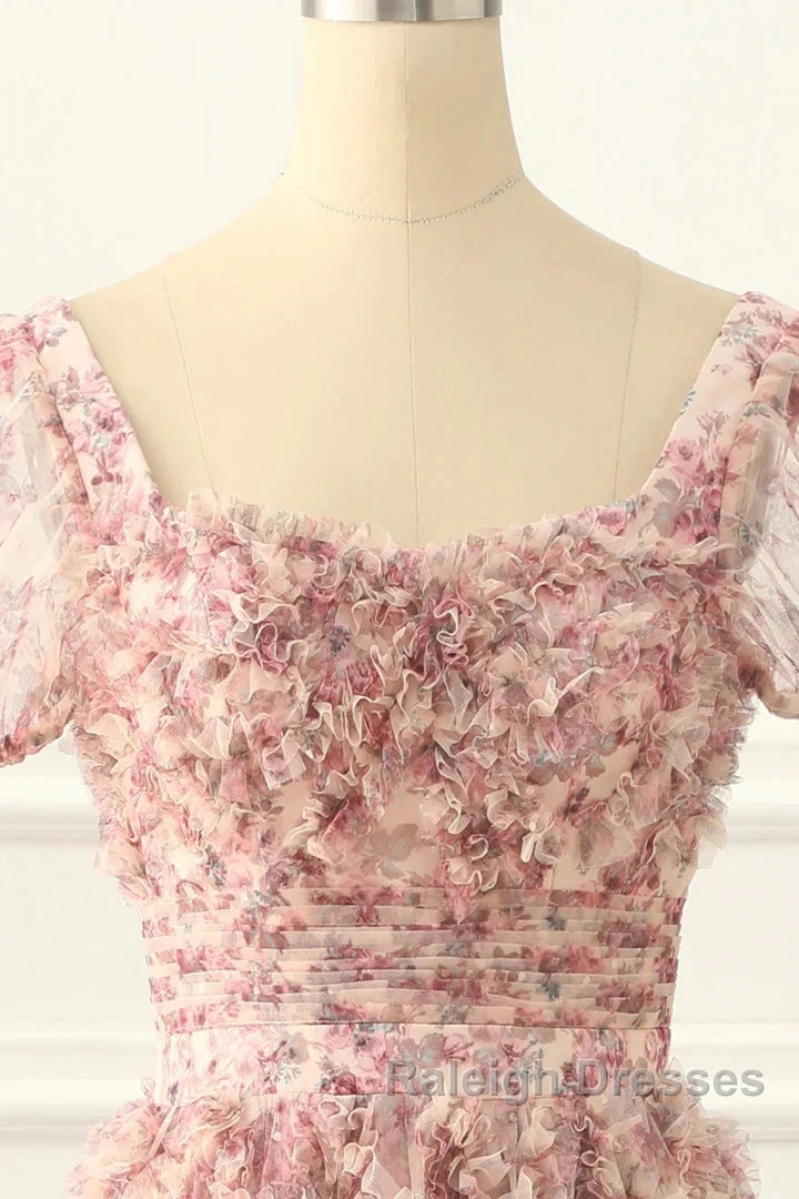 Pink A-Line Tulle Pleated Floral Long Prom Dress Adult Ceremony Graduation Prom Dress Secondary image