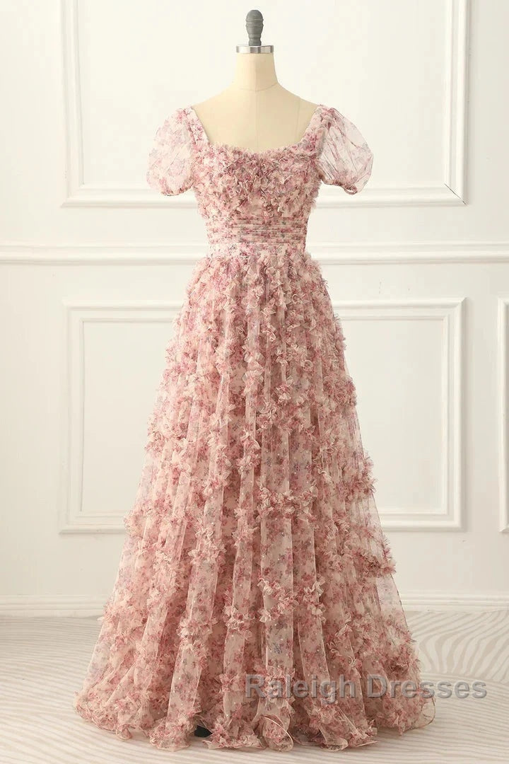 Pink A-Line Tulle Pleated Floral Prom Dresses Long Adult Ceremony Graduation Prom Dresses