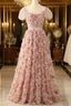 Pink A-Line Tulle Pleated Floral Long Prom Dress Adult Ceremony Graduation Prom Dress