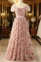Pink A-Line Tulle Pleated Floral Prom Dresses Long Adult Ceremony Graduation Prom Dresses