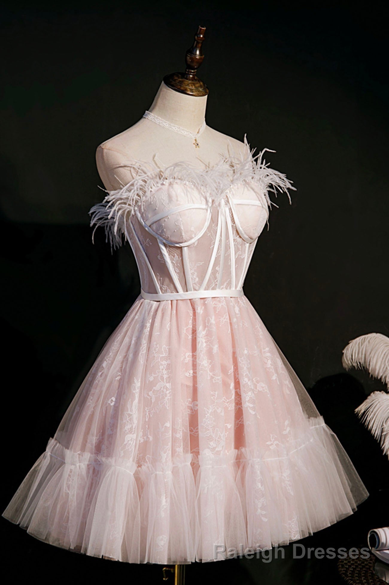Pink A Line Tulle Short Prom Dress with Feather, Pink Strapless Prom Dress Secondary image