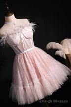 Pink A-Line Tulle Short Prom Dress with Feather, Pink Strapless Party Dress