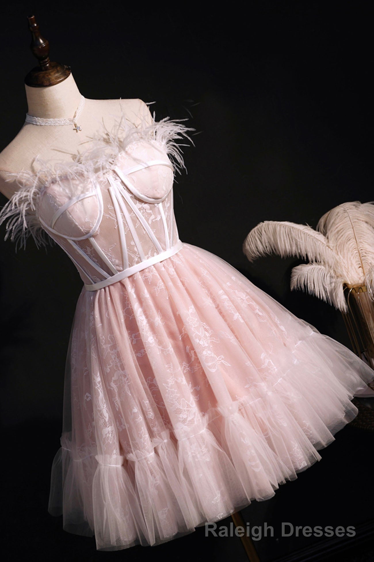 Pink A-Line Tulle Short Prom Dress with Feather, Pink Strapless Party Dress