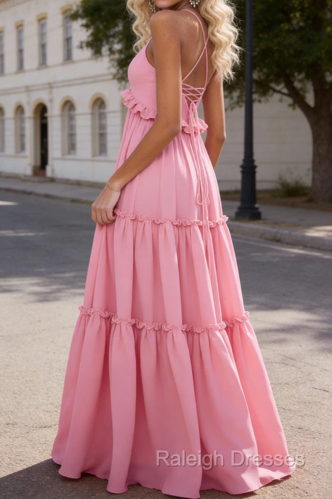 Pink A-line V Neck Sleeveless Floor-Length Chiffon Prom Dress Long Backless with Pleated Ruffles Secondary image