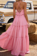 Pink A-line V Neck Sleeveless Floor-Length Chiffon Prom Dress Long Backless with Pleated Ruffles